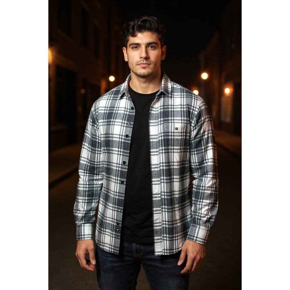 RED HEAD mens gray white plaid flannel button down long sleeve casual work shirt